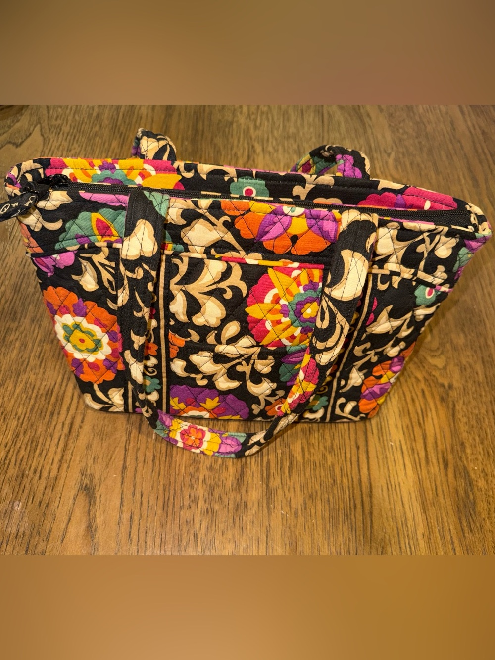 Vera Bradley Black Quilted Floral Tote with Bright Multicolor Blooms